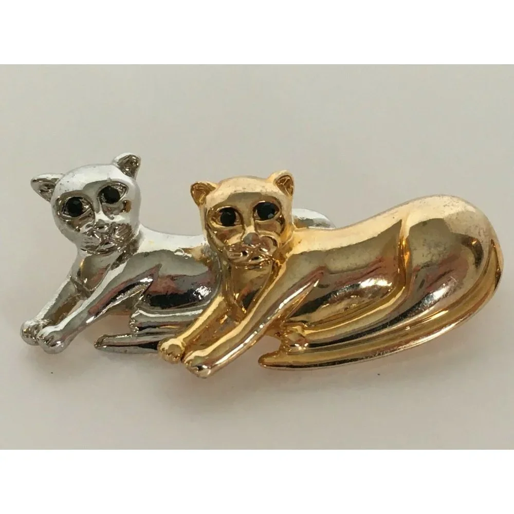 Cats Brooch Pin Silver & Gold Tone Laying Black Eyes Vintage Costume Jewelry 2" - Picture 10 of 10